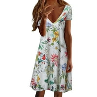 Egmy жени Sundress Casual v Neck Лятна флорална отпечатана рокля с къс ръкав плаж линейна рокля