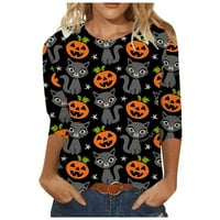 Тинг Мода Жените Хелоуин графичен печат кръг врата пуловер ръкав тениска-М