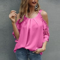 Оалиро блузи за жени облечени ежедневни жени върхове и блузи женски небрежни кръгли деколтета солидна дантела с къси ръкави тениски върхове куха блуза горещо розово