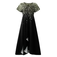Летни рокли за жените небрежни отпечатани с v-образно деколте с цип с къс ръкав Голяма дълга рокля Black L