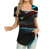 Stamzod американска флаг риза жени модна отпечатана тениска със средна дължина ръкави блуза кръгла шия ежедневни върхове просвет