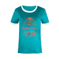 Дамски великденски върхове Просвение продажба на флорални великденски тийнейджъри ризи с къс ръкав от екипаж блуза сладка графична памучна мека ризи небесно синьо xxl