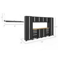 Newage Products Bold Series Black Cabinet Set, тежкотоварна система за съхранение на гараж с денонощно стомана, LED светлини, включен в стената на стената, монтиран