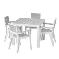 Инвал Мадейра 5-парче смола открит вътрешен двор трапезна маса комплект с фотьойли, бяло сиво