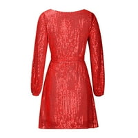 Пайети с дълъг ръкав парти рокля Дамски масив елегантна мини рокля с колан Абитуриентски коктейл червен с