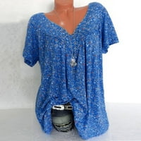 Женски ризи жени плюс размер къси ръкави с v-образно печат блуза пуловер върхове риза син xxxl