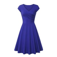 Стабилни летни рокли за жени модни жени от солидна цветна рокля v-образно деколте късо ръкав вечерна партия рокля тъмно синьо s
