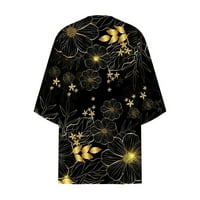 Жените яке, цветен печат бутер ръкав кимоно хлабав шифон покриване на случайни блуза жилетка яке за жени черен Размер хл