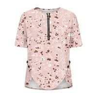 Дамски летни туники върхове за гамаши модерни къси ръкави цип v Врат флорална графична тениска риза свободни удобни неравномерни подгъни блуза розово xxl