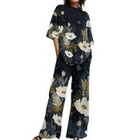 Sayhi Два комплекта за жени кръгла шия разхлабена къса ръкав флорален щампа с максимална риза с широки панталони за краката ежедневни комплекти