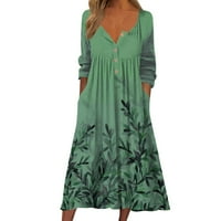 Дамски рокли Просвета maxi дълъг ръкав свободен а-линия флорална лъжичка лятна рокля тъмно зелено 2xl