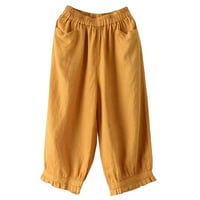 Sngxgn потни панталони за дамски дамски широки ленени панталони Панталони ежедневни еластични талии свободни панталони Жълти XL