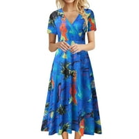 Небрежна рокля за жени, подходяща за шия с къс ръкав Бохемски флорален принт обикновен приспособен проста тениска разхлабена рокля